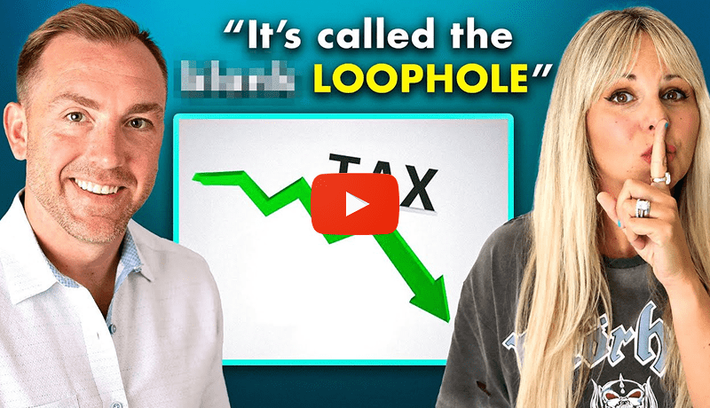 Two people beside a graphic of a downward green arrow labeled "TAX"; text above reads “It’s called the LOOPHOLE.” One person holds a finger to their lips.